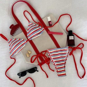 Costume da bagno da donna sexy in chiffon a <span class=keywords><strong>vita</strong></span> bassa con coulisse e strisce, stile europeo-americano, all'ingrosso direttamente dalla fabbrica - Product Image 3