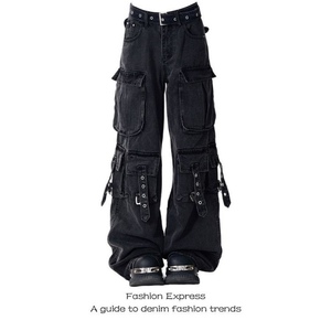 Jean de travail noir multi-poches pour femme, taille haute, coupe ample, jambe large, style décontracté et tendance - Product Image 5