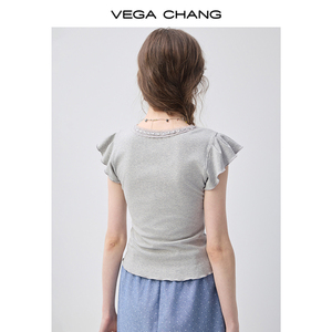 <span class=keywords><strong>เสื้อ</strong></span>ยืดแขนสั้นสีเทาอ่อน VEGA CHANG สำหรับผู้หญิง คอวี แต่งลูกไม้ แขนระบาย ผูกโบว์ ทรงเข้ารูป สไตล์ลำลอง ผ้าถัก - Product Image 5