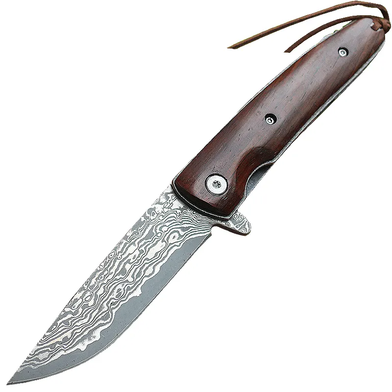 Coltello da tasca di alta qualità manico in legno coltello in acciaio di damasco coltelli da caccia pieghevoli da campeggio per sopravvivenza all'aperto