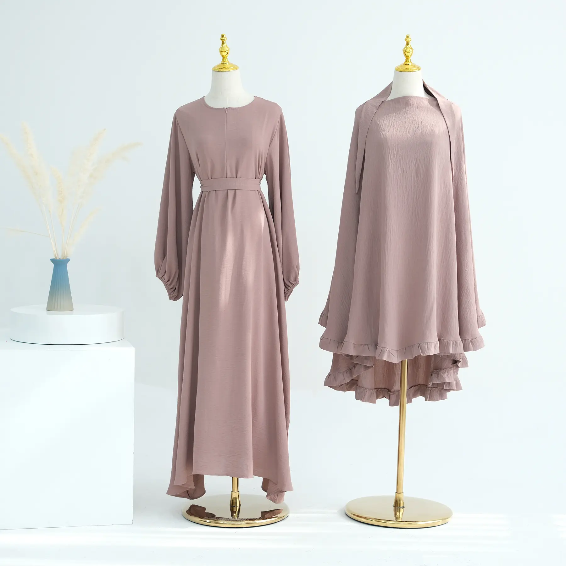 Prayer Abaya 2024 Islamic Clothing Wrinkle Polyester Abaya Women Muslim Dress Match With Khimar 2 Piece Abaya Set