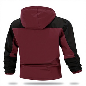 <b>Men's</b> <b>Burgundy</b> Black Hooded Windproof Sporty Jacket Zipper Front Pockets Color Blocking Regular Fit Outdoor Wear - Product Image 2
