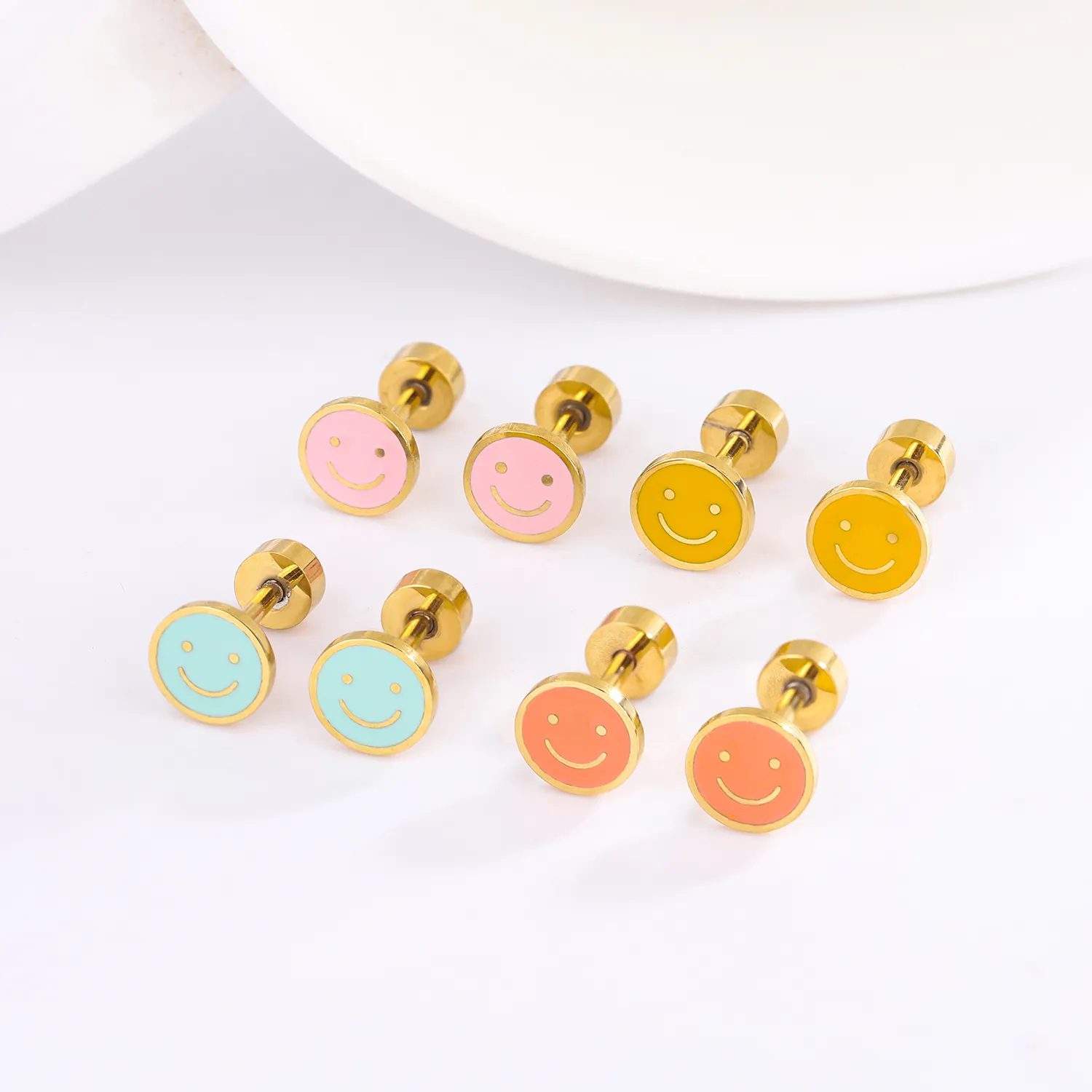 lovely stud earrings gold with colorful enamel smiley face stainless steel jewelry for children women girls