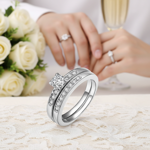 Ensemble de bagues de mariage en or blanc 10K Bagues en diamant élégantes pour les mariées et les mariés 0.60TCW Diamant véritable rond - Product Image 3