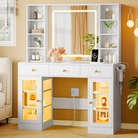 Coiffeuse moderne en bois avec miroir éclairé HD, prise de courant, tiroirs de rangement et armoires RGB pour chambre à coucher – Vente en gros et personnalisation