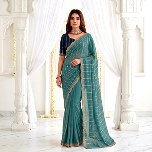 AARA Fashion Saree en soie vert sarcelle élégant avec broderie dorée, tenue de mariage indienne traditionnelle pour femme, longueur au sol, coupe classique, Sun - Product Image 1