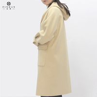 Longue longueur dame laine veste Beige manteau casual vêtements d'extérieur pour femmes avec capuche deux grandes poches sur le devant personnalisé filles vêtements