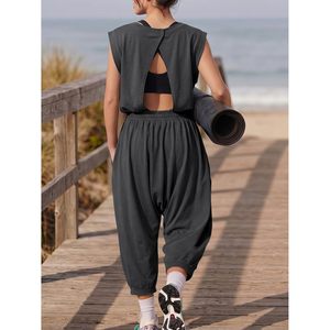 Combinaison décontractée sans manches pour femme, taille haute, avec cordon de serrage, coupe ample, pour yoga et entraînement, tenue une pièce en tissu extensible et respirant - Product Image 2