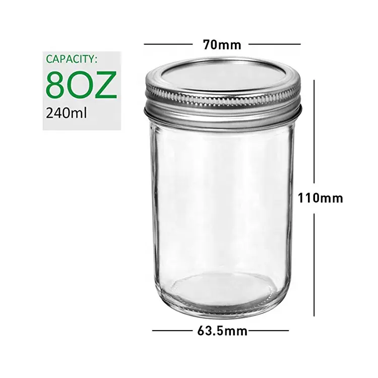 Empty Wide Mouth round Glass Jar 8oz Mason Jar With airtight double lid For Food Jam Honey pickle