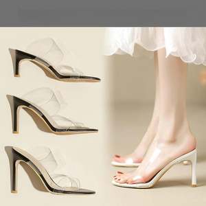 <strong>Blue</strong> Block <strong>Heels</strong> for Ladies Round Toe <strong>Women</strong> Clear Slip on Chunky High <strong>Heels</strong> Transparent <strong>Sandals</strong> - Product Image 1