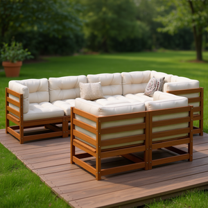 Ensemble de canapés de jardin d'extérieur en bois de pin massif avec coussins en mousse haute densité, meubles modulaires pour terrasse - Product Image 2