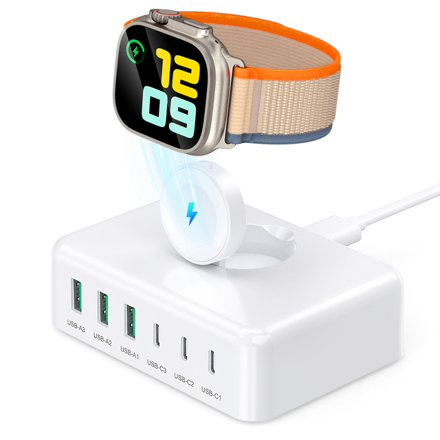 HNT 125W 6 Port USB C Charging Station Fast Desktop Charger with 1.5m AC Extension Cable Wireless for Apple Watch iPhone Charge