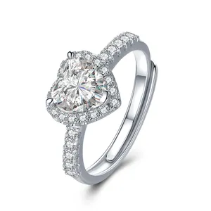 Anel de prata esterlina 925 Moissanite diamante 1CT em forma de coração, corte brilhante redondo moderno