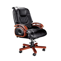 Chaise de bureau de direction de luxe traditionnelle en bois massif à dossier haut avec accoudoirs en bois, revêtement en cuir PU, pivotante et à roulettes
