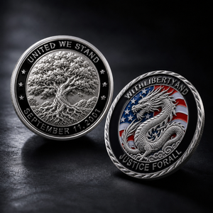Moneda Conmemorativa de Lujo del 11 de Septiembre de 2001, Moneda de Desafío 'Unidos Estamos', con Dragón Esmaltado y Árbol de la Vida, Plateada - Product Image 2