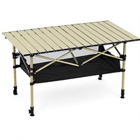 Table de camping pliante portable, hauteur réglable, beige, 37x21, plateau en acier carbone enroulable, pieds indépendants pleine longueur