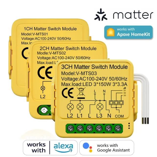 Matter WiFi Smart Switch 16A Smart Home Automation APP Control Relay Module Works Homekit for Smartthings Alexa Google 1/2/3CH