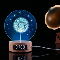 Lampe de chevet 3D intelligente en acrylique personnalisée avec haut-parleur musical, base en bois à grain, veilleuse LED RGB et horloge-réveil avec minuteur