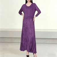 Robe plissée violette royale tendance pour femme, manches 3/4, élégante, coupe trapèze, longue, pour soirée ou décontractée, taille unique