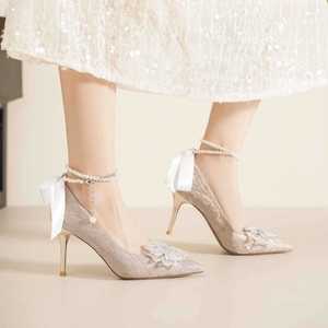 Chaussures de mariée en cristal pour femme, à bout pointu, talon aiguille, bride perlée, tendance mode, talon haut - Product Image 4