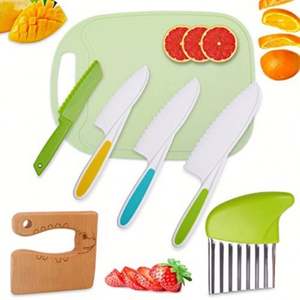 Couteau de cuisine en plastique pour enfants ensemble de couteaux de chef pour tout-petits avec de vrais gants de cuisine bords dentelés lames en acier inoxydable pour la main droite - Product Image 4