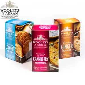 Promocional Wooleys 2 paquete de galletas de coco vendidas en 60x2 paquetes Paquete de hotel horneado a mano Reino Unido alimentos al por mayor productos de aperitivos de grano horneado