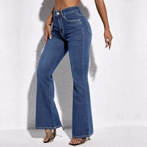 Casual Pockets Ladies Jeans High Waist Solid Color Women Denim Flare Pants - Product Image 6