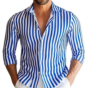 Chemise décontractée à manches longues rayée pour homme, col rabattu, boutonnée, tissée, 100 % coton popeline, écologique, coupe classique, automne - Product Image 1