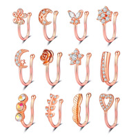 Faux anneau de nez indien en laiton chirurgical 316L en acier inoxydable non piercing avec des manchettes de nez en feuille de Zircon incrustées pour femmes
