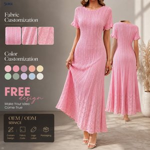 Abito Lungo da Donna Personalizzato in Maglia Traforata di Nylon e Cotone, con Collo Tondo, Maniche a Volant, Bordo in Pizzo Perlato e Vita Alta - Product Image 1