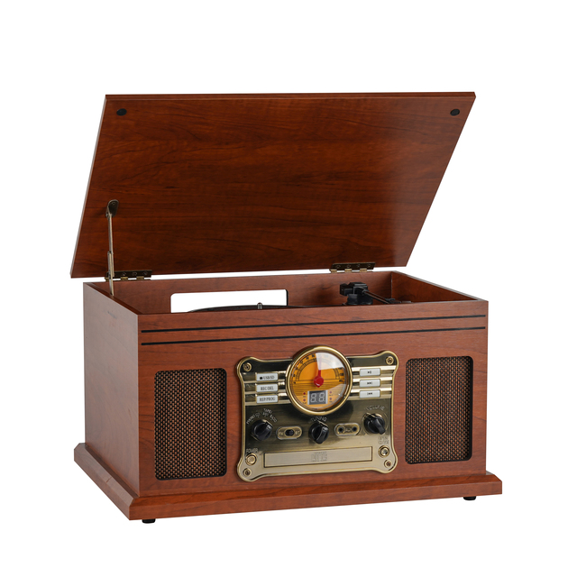 2026 Hot Sale Classic All-in-one Solid Wood Record Player Turntable With CD, USB, SD, CASSETTE, RADIO & BT Input