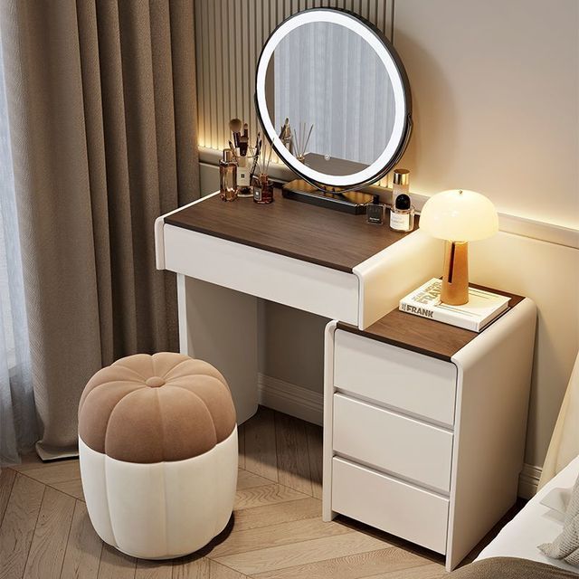 Modern Vintage Solid Wood Dresser Set Lighted Mirror Mid for Luxury Vanity Desk Integrated Design Storage Dressing Room