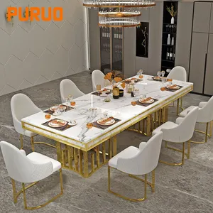 Altın yemek masası lüks tasarımlar dikdörtgen paslanmaz çelik yemek sandalyeleri ve masa mermer masa