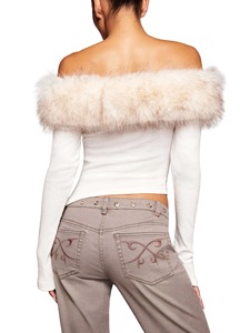 Maglietta da <span class=keywords><strong>donna</strong></span> in maglia slim con spalle scoperte, colletto staccabile in pelliccia sintetica, stile Y2K, top basic alla moda. - Product Image 2
