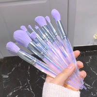 Lot de 10 pinceaux de maquillage pour application professionnelle, accessoires OEM, avec manche transparent, cheveux doux, violet, 10 pièces