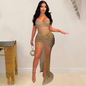 Robe longue de soirée de luxe sexy pour femme, de marque célèbre, avec broderie, plumes et bretelles, style bandage - Product Image 5