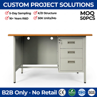 Table de bureau en métal gris avec 3 tiroirs et plateau en bois grainé, bureau professionnel en acier pour l'école et la bibliothèque