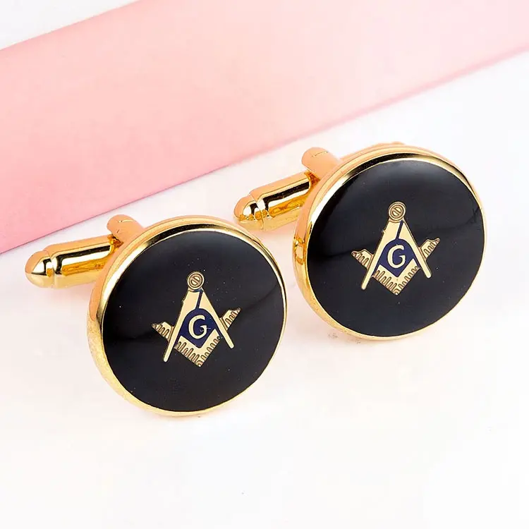 Unique Cheap Men Clothes Accessories Wholesale Gold Plated Black Enamel Masonic Cufflinks