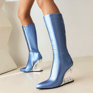 Phụ Nữ Của Tiger Răng Hình Dạng Gót Đầu Gối Cao Khởi Động Phụ Nữ Động Vật In Giày Nêm Gót Chân Bên Dây Kéo Rắn Dài Booties - Product Image 6