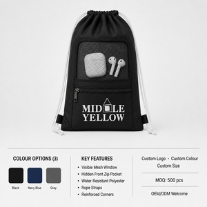 Custom Sport <b>Drawstring</b> Bag with Visible Mesh Pocket and Front Zip 3 Colors Cinch Sack for Gym Commute Outdoor Wholesale - Product Image 3