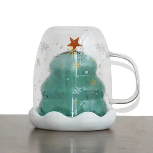 새해 축제 소원 이중 벽 귀여운 창조적 인 유리 컵 뚜껑 물 가정용 크리스마스 트리 텀블러 우유 차 찻잔