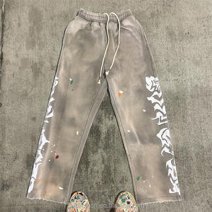 Pantalones de chándal de pierna recta, ropa de calle personalizada, 100% de algodón, estampado Vintage de felpa francesa, pantalones de chándal desgastados con lavado ácido para hombres - Product Image 1