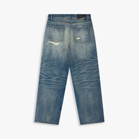 Jean baggy pour homme en denim, déchiré, avec patchs et tâches, bleu vintage, coupe large, style streetwear, personnalisé