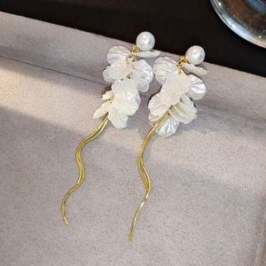 Boucles d'oreilles clous tendance pour femme, en alliage de zinc, avec pampilles géométriques en forme de pétales, perles et fleurs, style français élégant et romantique, pour soirée - Product Image 3