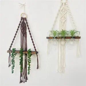 Cabide de parede de madeira macrame 1 tier, cabide para vidro, tubo de teste, plantador para plantas hidropônicas