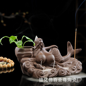 Regali di vendita calda bruciatore di incenso a riflusso a cascata in ceramica a forma di sirenetta - Product Image 4