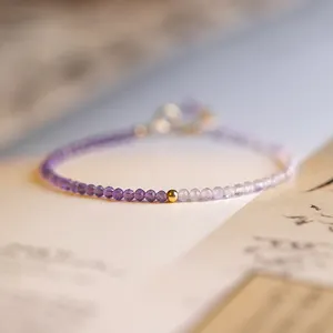 Woying Elegant Ladies Natural Stone 2mm Dainty Amethyst Gemstone Beads Women's Vintage Tiny Beaded Crystal Bracelet