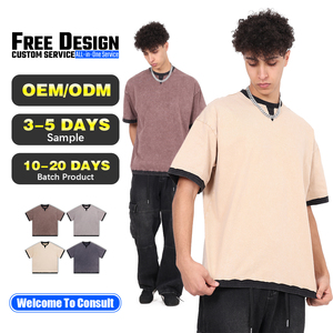 เสื้อยืดผู้ชายลายบาติกวินเทจแบบสั่งทำพิเศษ 250gsm ทรงหลวม ผ้าฝ้าย 100% ดีไซน์แบบ Patchwork ลุคฟอกสี เสื้อยืดเปล่าแบบสองชิ้นหลอกๆ - Product Image 1