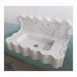 Elegant White Marble Washbasin Wall Mount Marble Sink Floating Stone Sink With Backsplash Scalloped Marble Bathroom Vanity Sink