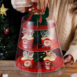 Groothandel Nieuwe Kerst Multi-Layer Cupcake Box Handheld Transparante Beker Verpakking Venster Opening Dessert Geschenkdoos Bakken